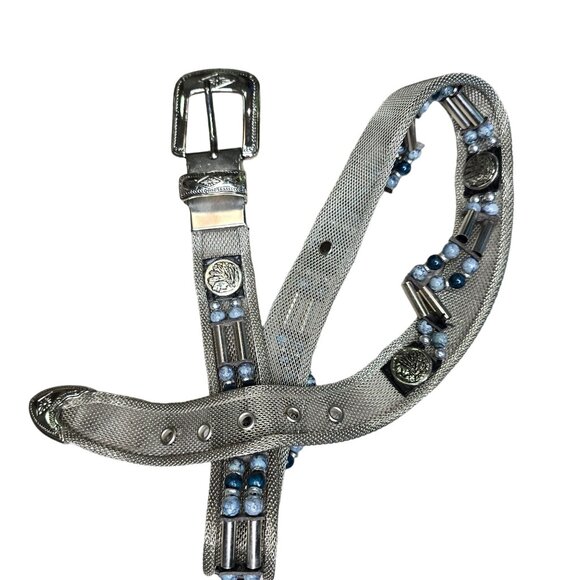 Handcrafted Silver Metal Mesh Belt With Ornate Buckle & Blue Beads Size M - Picture 7 of 12